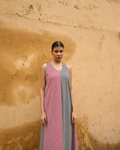 Black & Red Leheriya Hand Embroidered Dress