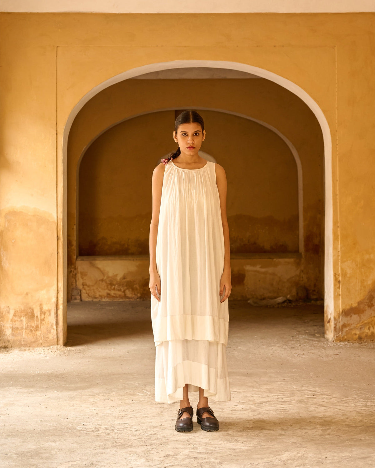 White Double Layered Gathered Dress